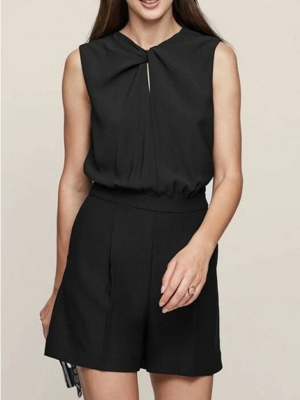 REISS Viola Knot-Twist Playsuit Black Pleated Zip Back Sz 6